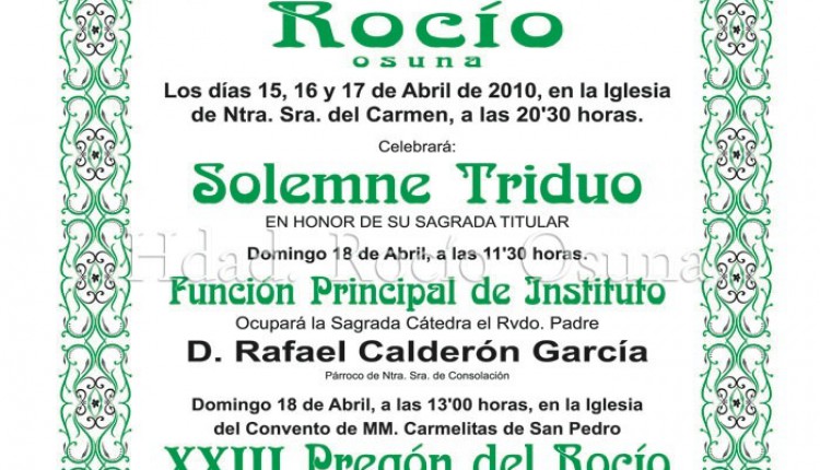 Hermandad de Osuna – Triduo anual los próximos días 15, 16 y 17 de Abril,