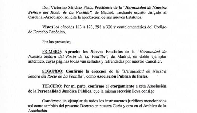 Hermandad Nuestra Señora del Rocío de la Ventilla – Nombramiento como HERMANDAD (No Filial)