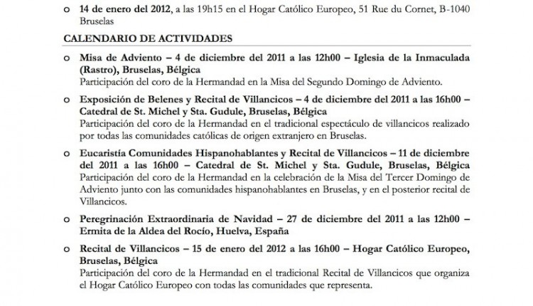 Hermandad de Bruselas – Calendario de actividades de la Hermandad y del Coro