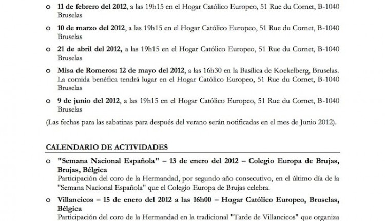 Hermandad de Bruselas – Agenda 2012