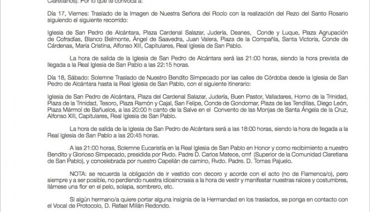Hermandad de Córdoba – Traslados de la Imagen de la Virgen y de Nuestro Glorioso y Bendito Simpecado