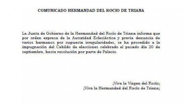 DECLARACIÓN A LA HERMANDAD DEL ROCÍO DE TRIANA (Candidatura de Pedro Machuca)