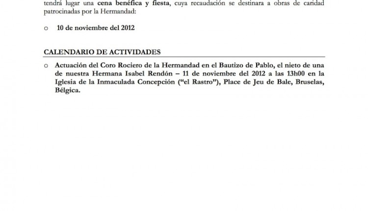 Hermandad de Bruselas – Agenda noviembre 2012