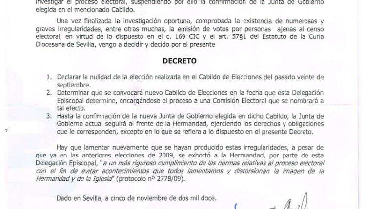 El Arzobispado anula las elecciones de la Hermandad del Rocío de Triana