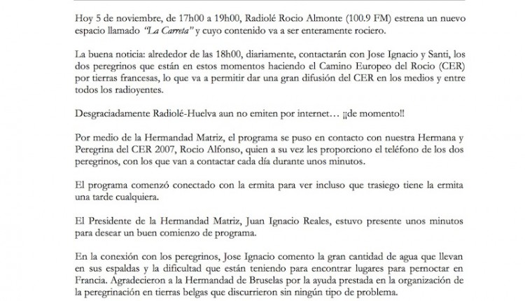 CRÓNICA: RADIOLÉ ROCIO de ALMONTE Programas del 5 al 16 de noviembre del 2012