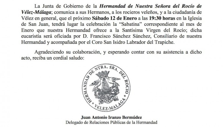 Hermandad de Nuestra Señora del Rocío de Vélez-Málaga – Sabatina mensual