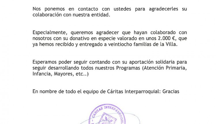 Hermandad Rociera de Medina del Campo – Importante Donación a Cáritas y a la Fundacion Sandra Ibarra