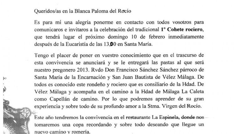 Hermandad de Ronda – I Cohete Rociero y entrega de las tapas del pregón