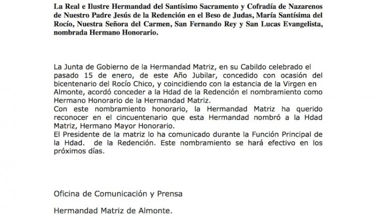 Hermandad Matriz – Nombramiento de Hno. Honorario