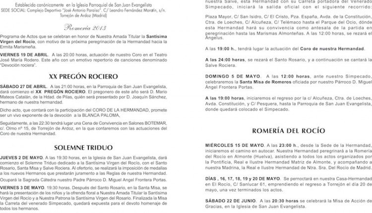 Hermandad de Torrejón – Programa de Actos