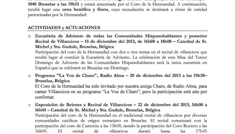 Hermandad de Bruselas – Actividades y actuaciones del Coro para este mes de diciembre