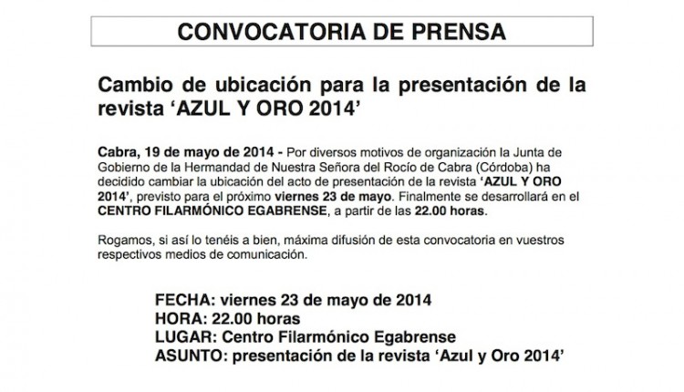 Hermandad de Cabra – Cambio de ubicación para la presentación de la revista AZUL Y ORO 2014