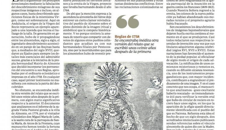 FUE… NATURAL DE ALMONTE – Una versión desconocida de la Leyenda de Aparición de la Virgen del Rocío (siglo XVIII)