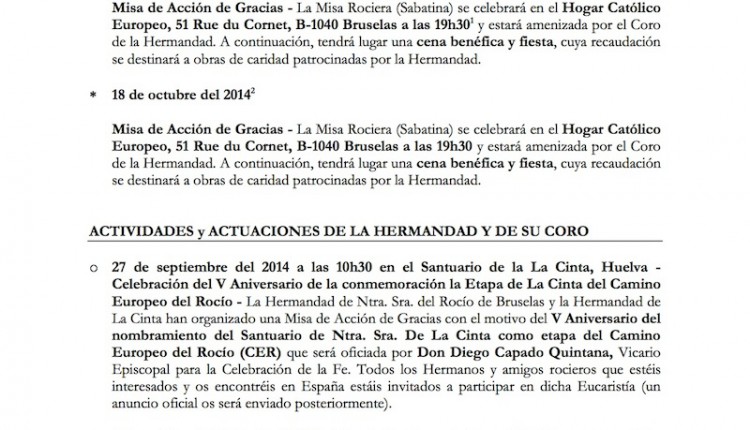 Hermandad de Bruselas – Calendario de actividades
