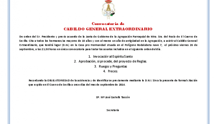 Agrupación Parroquial de El Cuervo – Convocatoria Cabildo General extraordinario