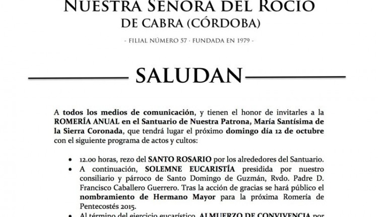 Hermandad de Cabra – Romería Anual al Santuario de nuestra Patrona, María Santísima de la Sierra