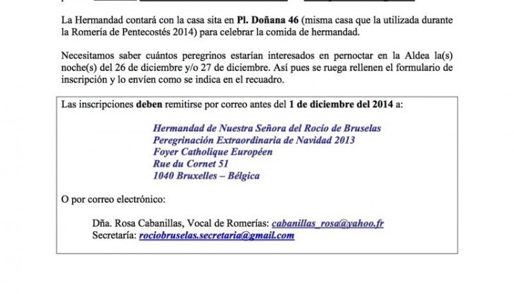 Hermandad de Bruselas – Abierto plazo de inscripción para la Peregrinación Extraordinaria de Navidad 2014