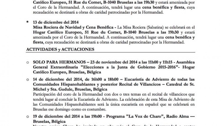 Hermandad de Bruselas – Agenda noviembre y diciembre