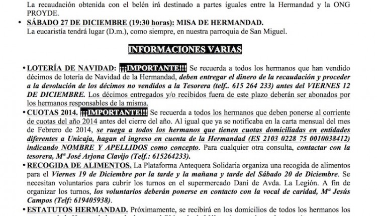 Hermandad de Antequera – Agenda de actividades de este mes de Diciembre