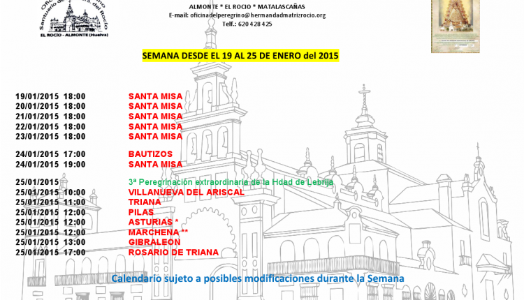 Calendario semanal de peregrinaciones al Santuario del Rocío del 19 al 25 de enero