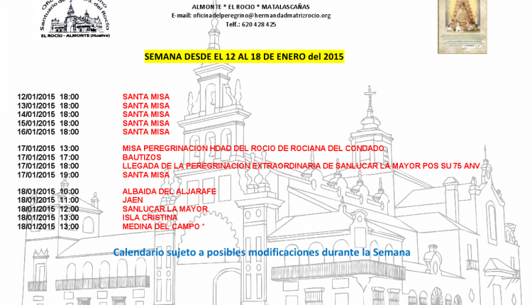 Calendario semanal de peregrinaciones al Santuario del Rocío