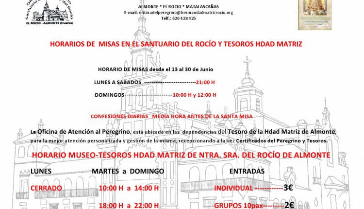 Nuevo horario de Misas en el Santuario del Rocío del 13 al 30 de junio de 2015