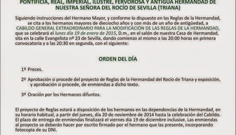 Hermandad de Triana – Cabildo General Extraordinario de Modificación de Reglas
