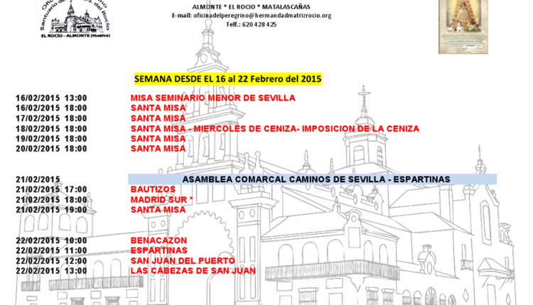 Calendario Semanal de Peregrinaciones del Santuario del Rocío del 16 al 22 de febrero de 2015