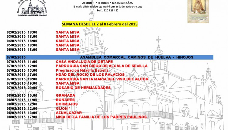 Calendario semanal de peregrinaciones al Santuario del Rocío del 2 al 8 de febrero de 2015
