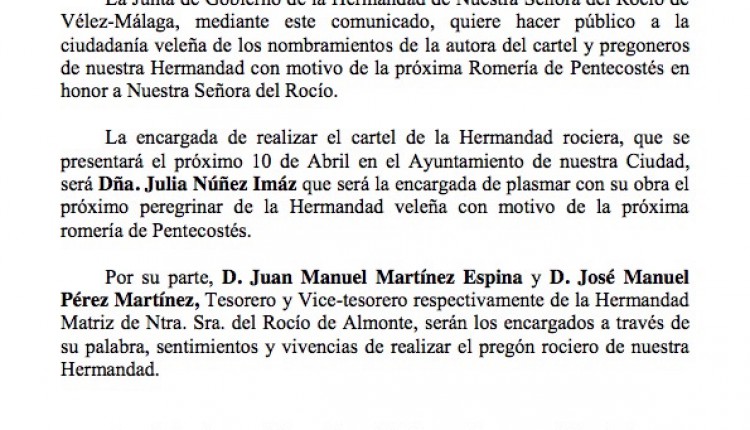 Hermandad de Vélez Málaga – D. Juan Manuel Martínez Espina y D. José Manuel Pérez Martínez, Pregoneros 2015