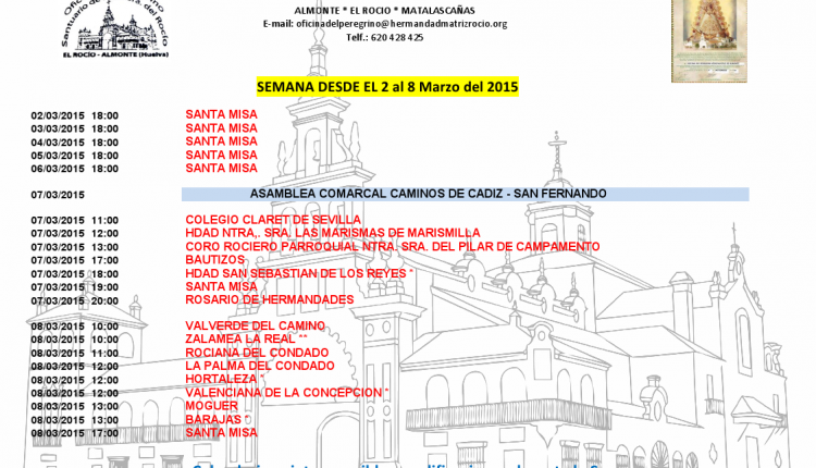 Calendario de Peregrinaciones del 2 al 8 de marzo de 2015