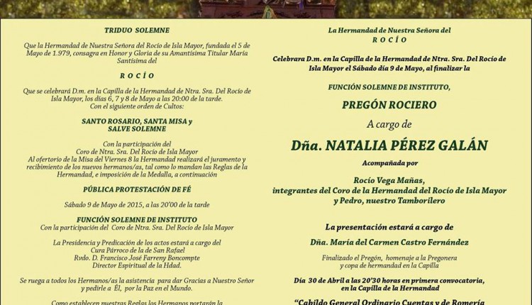 Hermandad de Isla Mayor – Solemne Triduo y Pregón Rociero a cargo de Dña. Natalia Pérez Galán