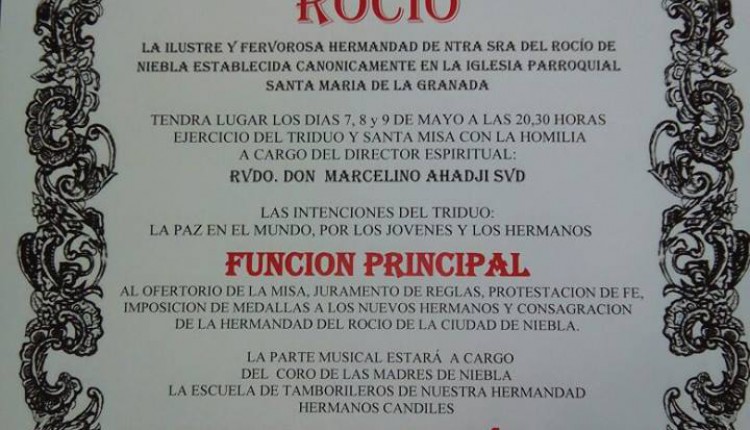 Hermandad de Niebla – Solemne Triduo 2015 y Pregón Rociero a cargo de D. Mateos García Pérez.