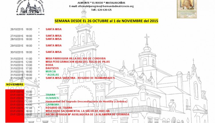 Calendario de Peregrinaciones Extraordinarias del 26 de octubre al 1 de noviembre de 2015