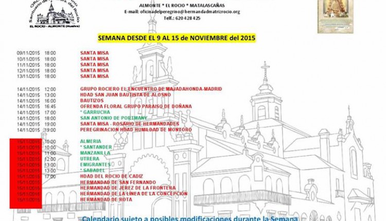 Calendario de Peregrinaciones al Santuario del Rocío del 9 al 15 de noviembre de 2015