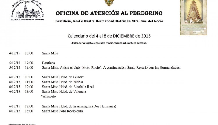Calendario de Peregrinaciones del 4 al 8 de diciembre de 2015