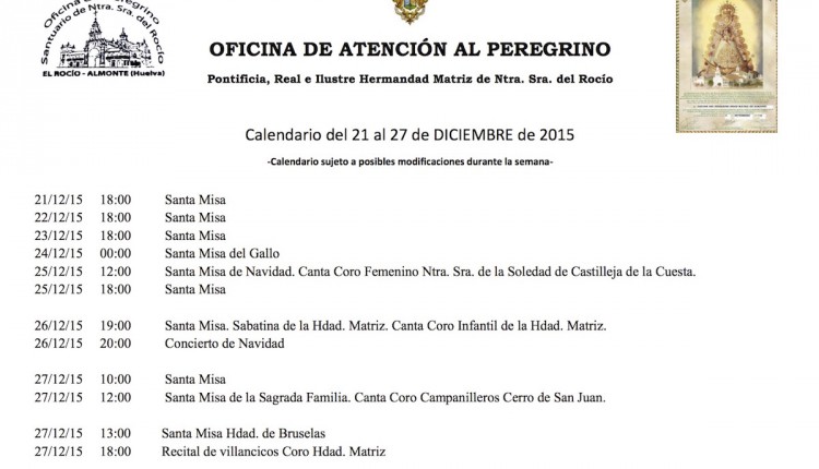 Calendario de Peregrinaciones del 21 al 27 de DICIEMBRE de 2015