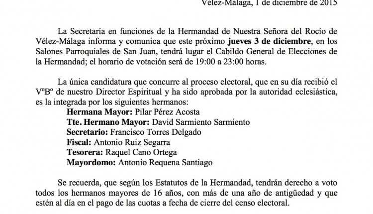 Hermandad de Vélez Málaga – Cabildo General de Elecciones 2015