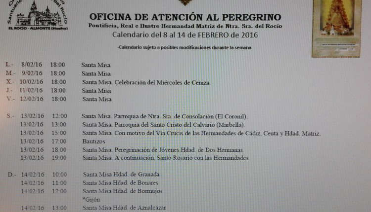 Calendario de Peregrinaciones del 8 al 14 de febrero de 2016
