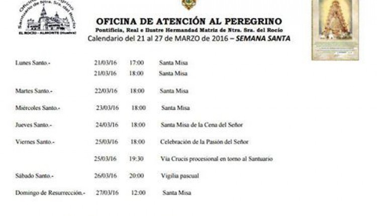 Calendario de Celebraciones del 21 al 27 de marzo de 2016 en el Santuario del Rocío