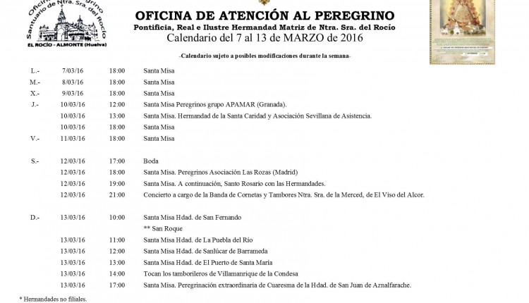 Calendario del 7 al 13 de marzo de 2016