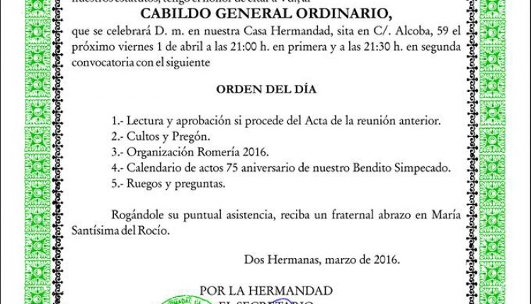 Hermandad de Dos Hermanas – Cabildo General Ordinario