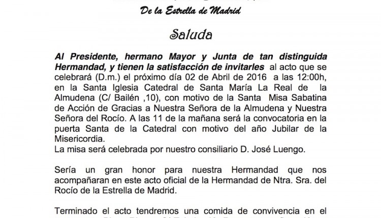 Hermandad del Rocío de La Estrella – Acto en la Santa Iglesia Catedral de Santa María La Real de  la Almudena