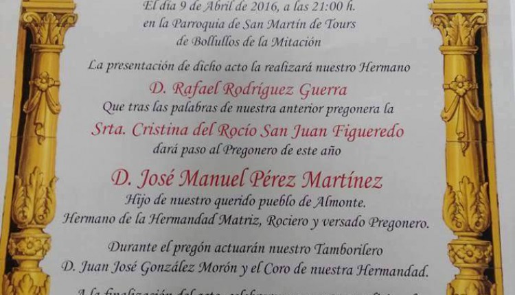 Hermandad de Bollullos de la Mitación – XVII Pregón Rociero a cargo de  José Manuel Pérez Martínez
