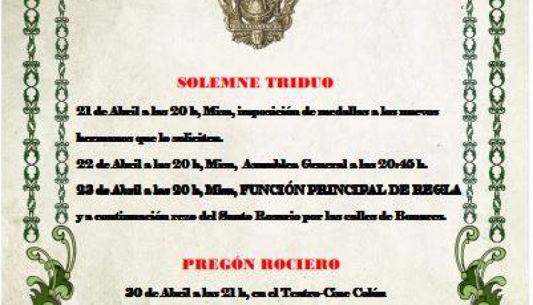 Hermandad de Bonares – Solemne Triduo y Pregón a cargo de Don Felipe Barba Martínez