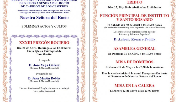 Hermandad de Carrión de los Céspedes – Solemne Triduo y Pregón a cargo de José Vega Gálvez