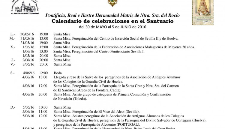 Calendario de Celebraciones en el Santuario de El Rocío de 30 de mayo al 5 de junio de 2016