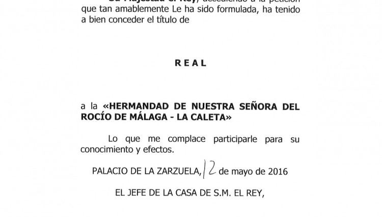 Hermandad de La Caleta – Nombramiento como «Real Hermandad»
