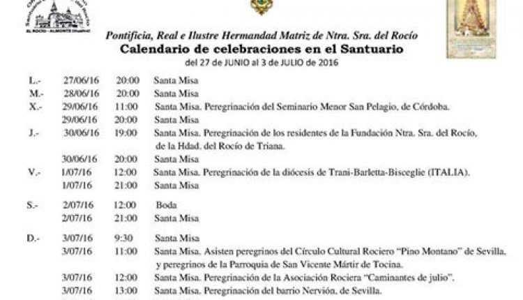 Calendario de Celebraciones en el Santuario de El Rocío del 27 de junio al 3 de julio de 2016