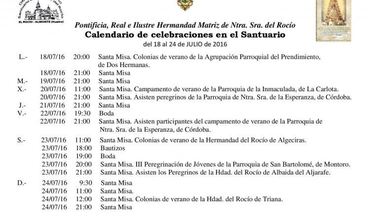 Calendario de Celebraciones en el Santuario del Rocío del 18 al 24 de julio de 2016